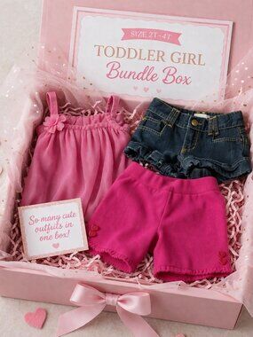 💕Girls 2T–3T Outfit Bundle 3pc Pink Dress Shorts Set